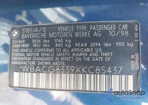 1999 BMW 318Ti from USA, damaged, VIN WBACG8339XKC85437